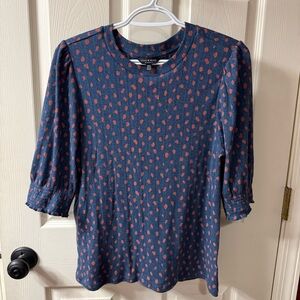 Lucky Brand Blue Coral Dot Puff Sleeve Knit Top‎ Womens M